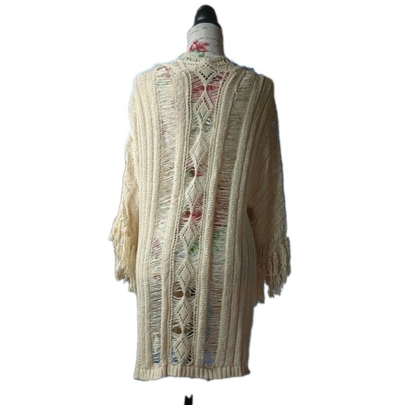 Jessica Simpson XS Oversized Fringed Duster Creme Ribbed Knit Boho Cowgirl - Picture 2 of 9